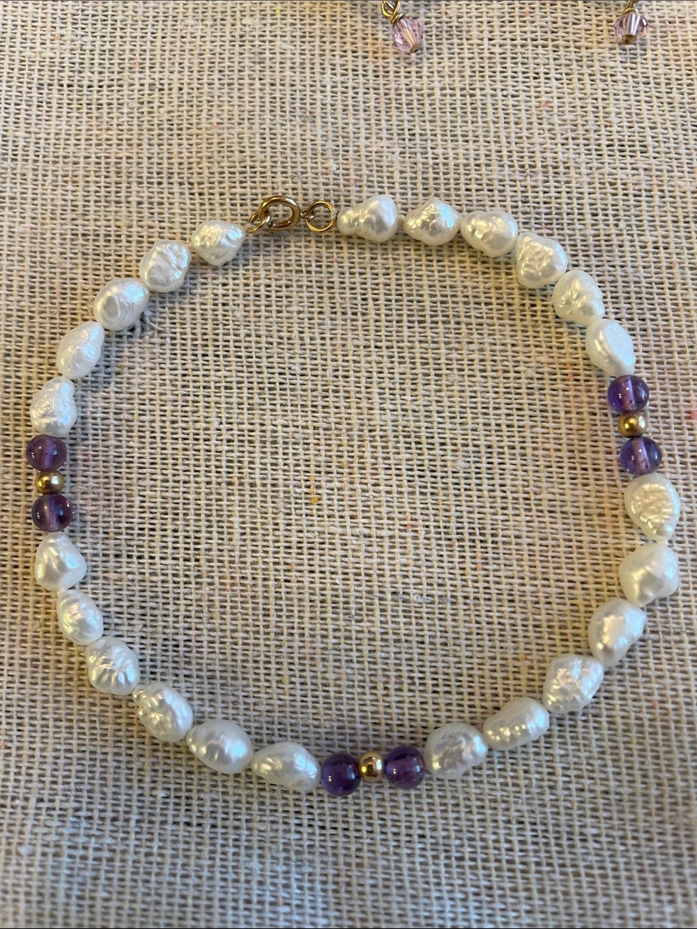 Pearl, 14k Gold Amethyst Beaded bracelet 
White & Purple